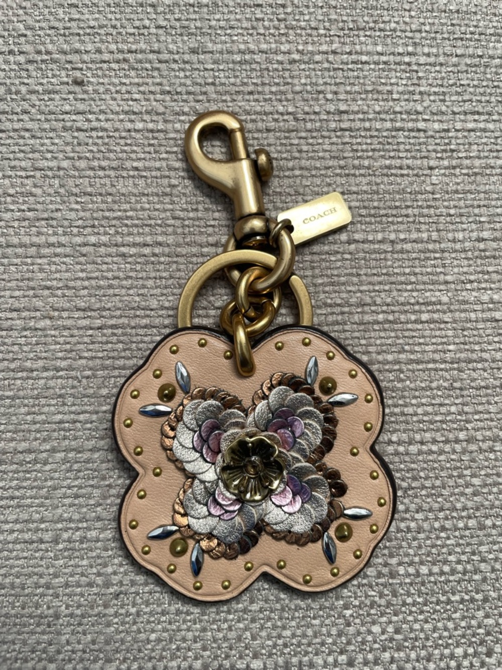 COACH Pink Floral Leather Keychain Charm